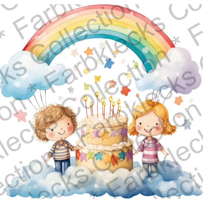 Motivtransfer 2095 Regenbogen mit Kindern und Torte