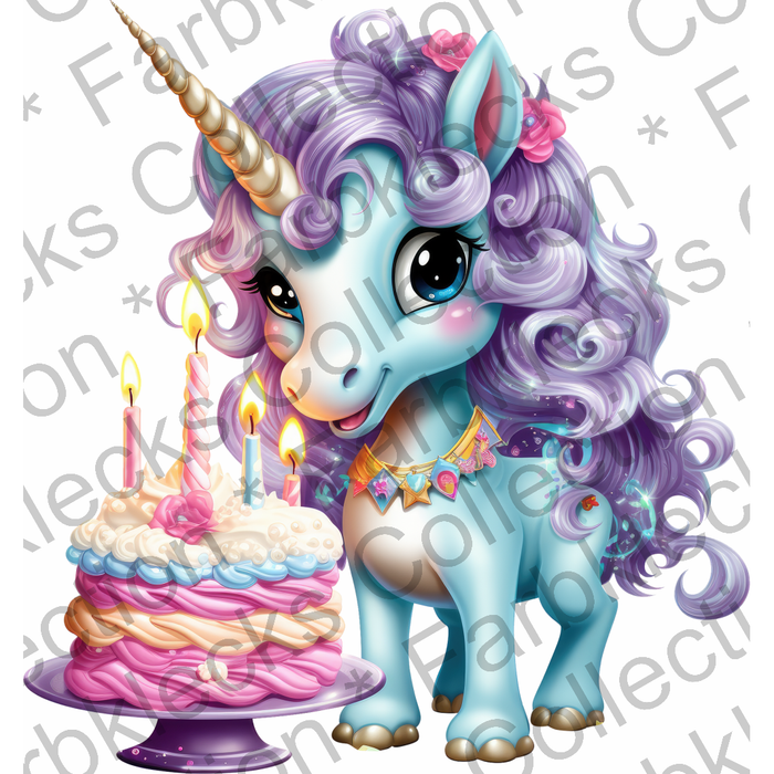 Motivtransfer 2374 Geburtstagseinhorn mit Torte und Kerzen