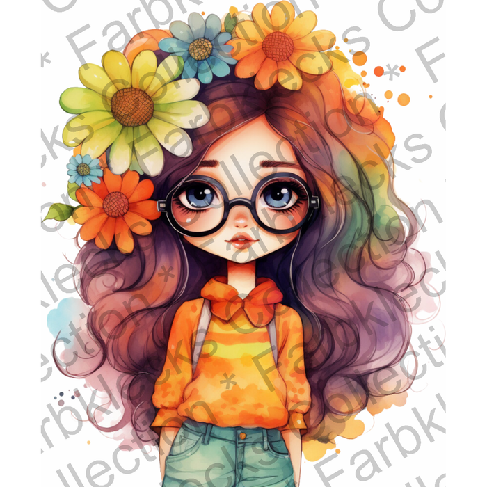 Motivtransfer 1233 Hippie Girl mit Brille und großen Blumen