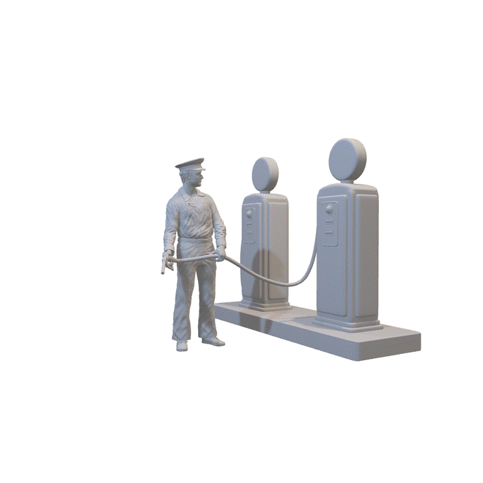 1950er Tankstelle mit Arbeiter - (3DP-140)