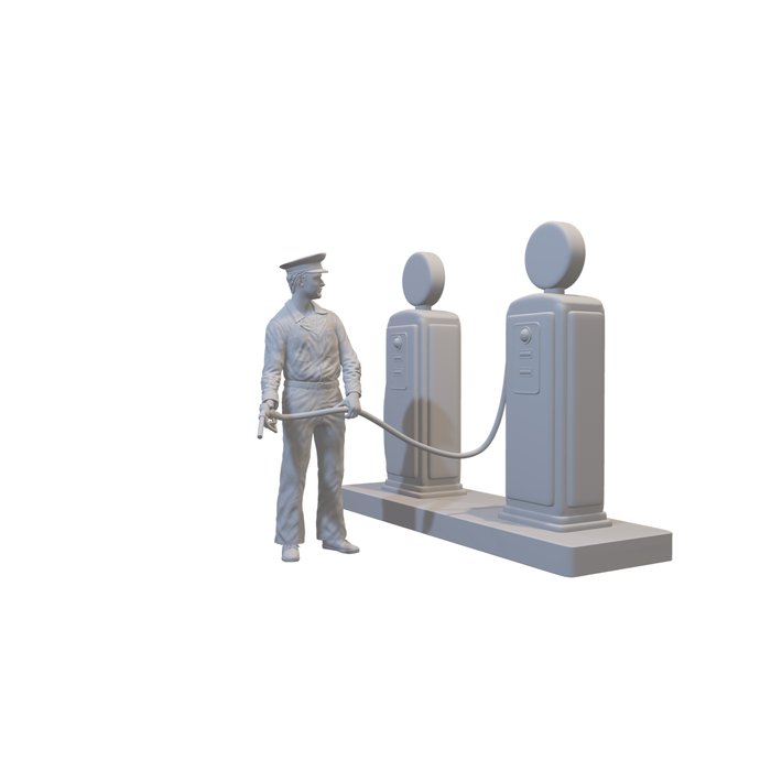 1950er Tankstelle mit Arbeiter - (3DP-140)