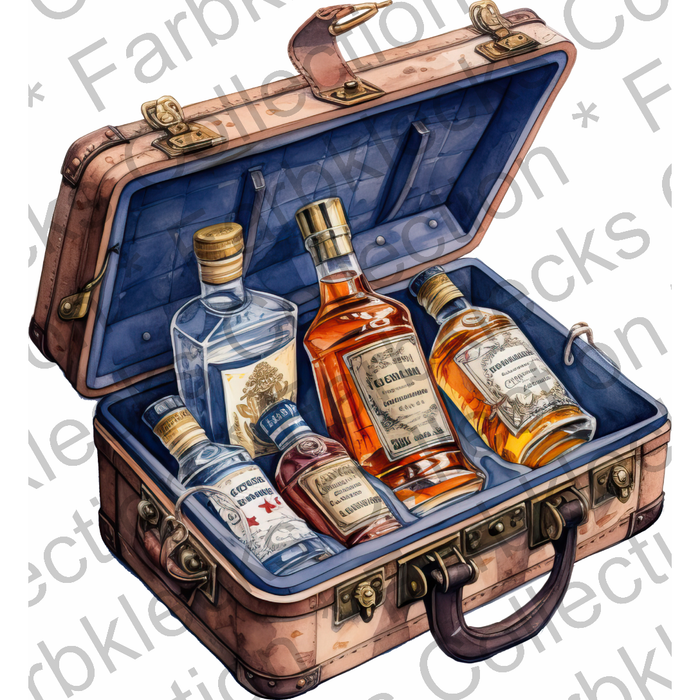 Motivtransfer 1914 Whiskeyflaschen im Koffer