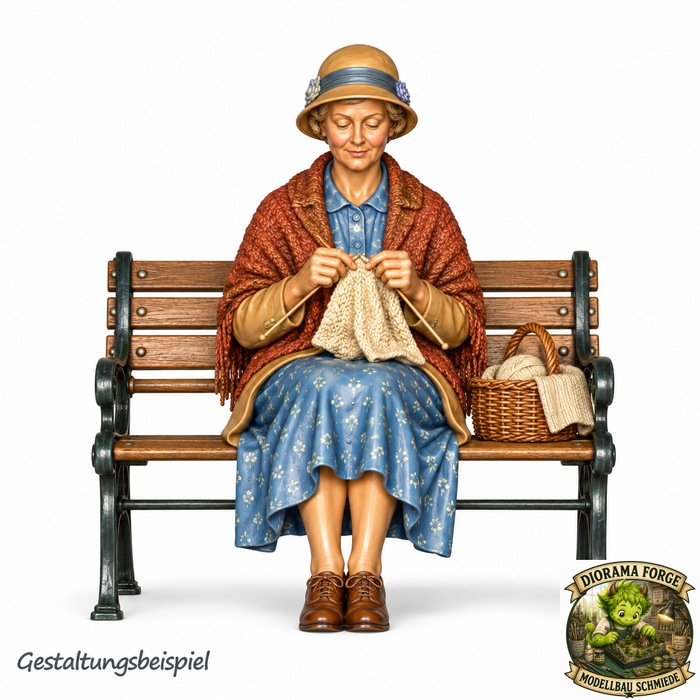 1930er Frau strickt auf Bank - (DF-929)