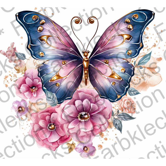 Motivtransfer 2080 Schmetterling mit Blumen smaragd rose