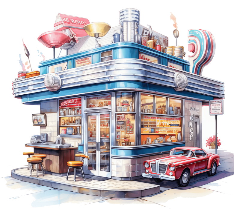 Motivtransfer 2339 Diner mit Neonreklame und Aussenbereich