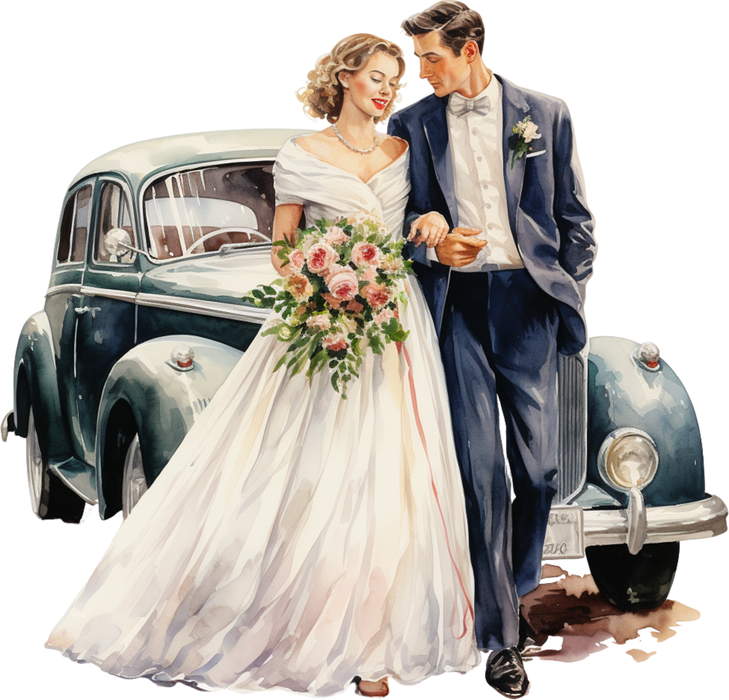 Motivtransfer 2387 Hochzeitspaar vor Oldtimer