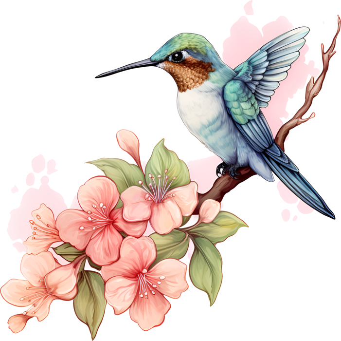Motivtransfer 2396 Kolibri auf Ast mit rosa Blumen