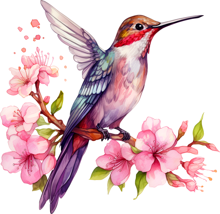 Motivtransfer 2398 Kolibri auf bunten Blüten und Ast