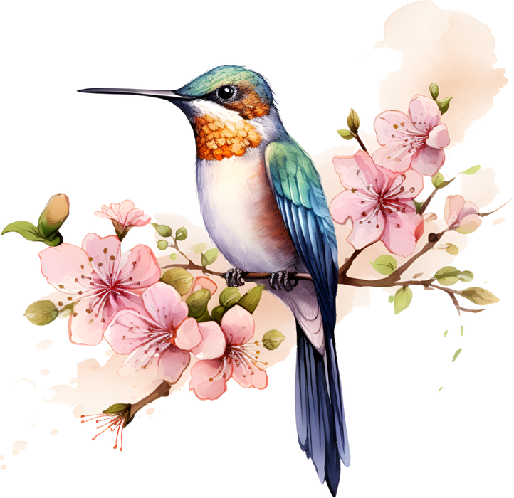 Motivtransfer 2399 Kolibri auf rosa Blüten und Ast