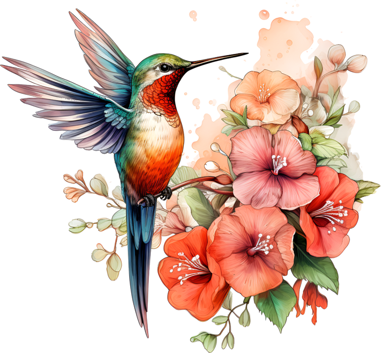 Motivtransfer 2400 Kolibri auf Ast mit roten Blüten