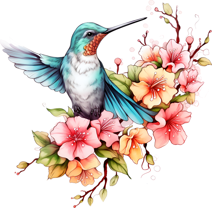 Motivtransfer 2403 Kolibri türkis mit rosa Blüten