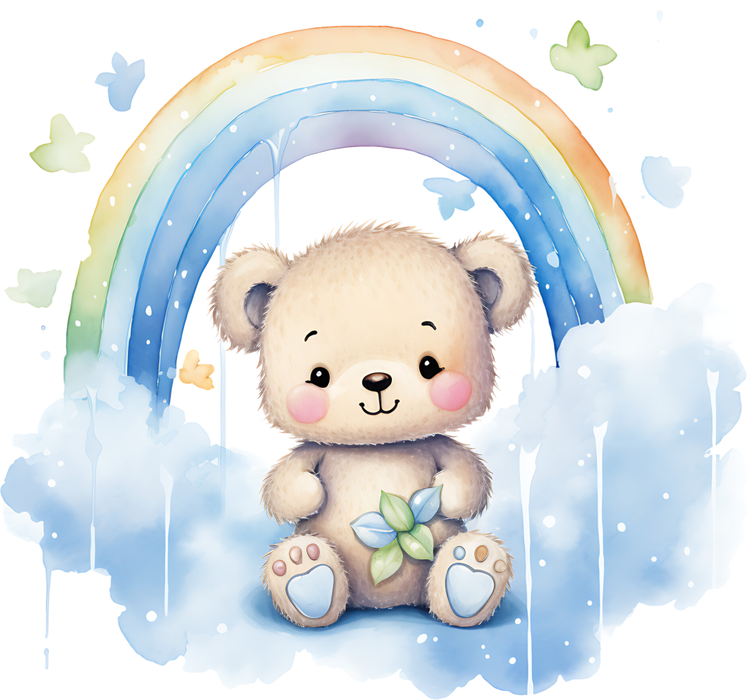 Motivtransfer 2465 Teddy auf Wolke vor einem Regenbogen
