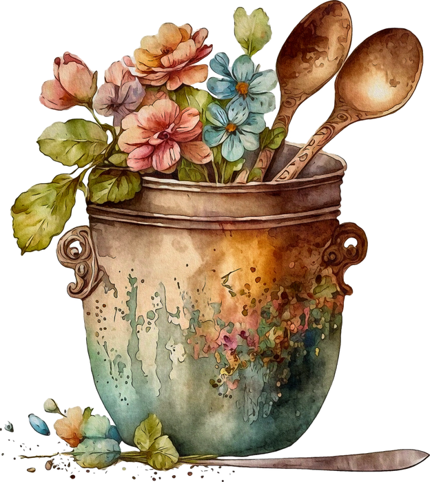 Motivtransfer 2878 Topf mit Löffeln und Blumen