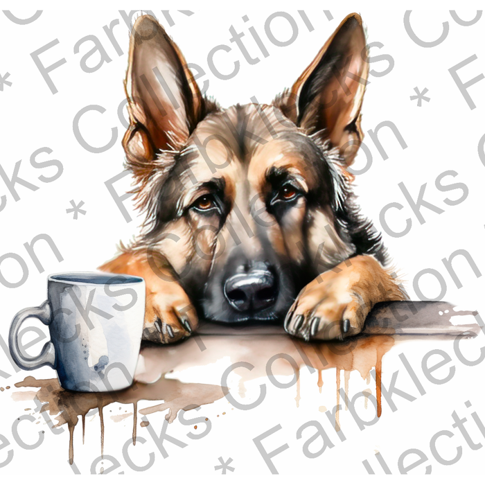 Motivtransfer 3085 Hund mit Kaffeetasse