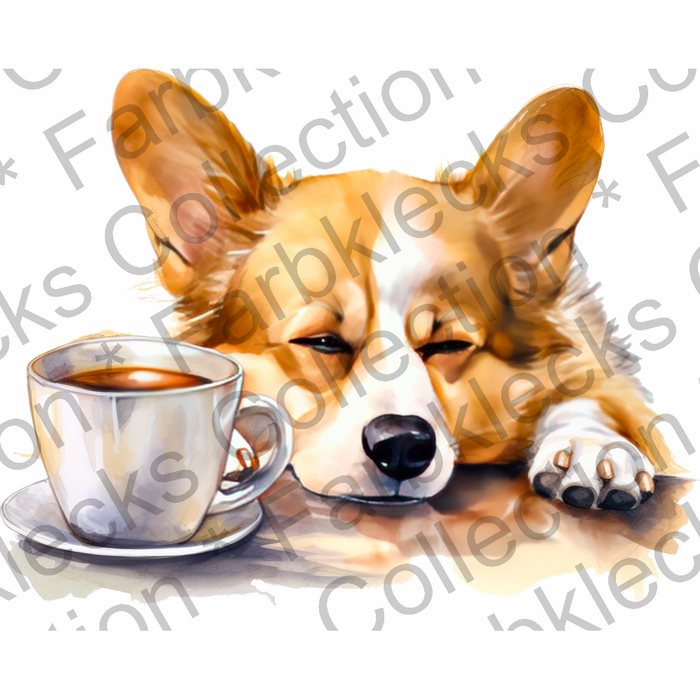 Motivtransfer 3094 Hund mit Kaffeetasse