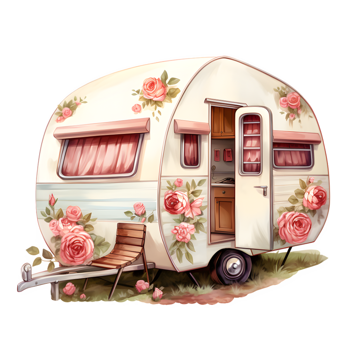 Motivtransfer 3166 Vintage Wohnwagen mit Rosen
