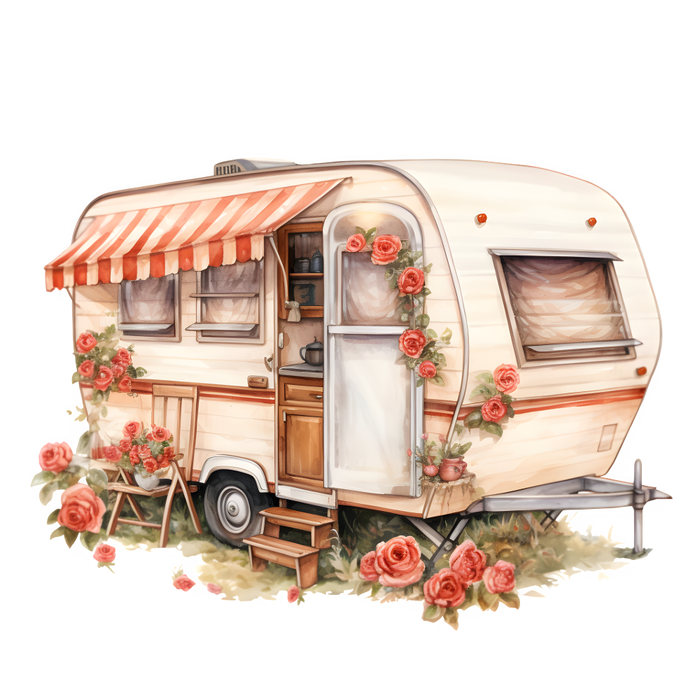 Motivtransfer 3167 Vintage Wohnwagen mit Rosen und kleiner Markise