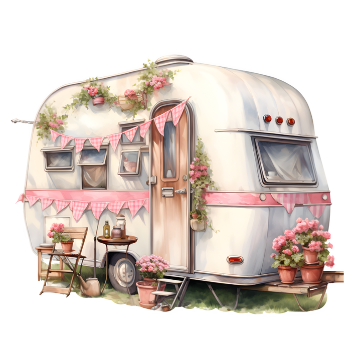 Motivtransfer 3168 Vintage Wohnwagen mit Blumen und Wimpelkette