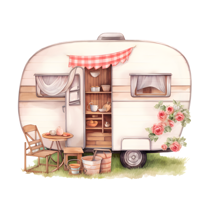 Motivtransfer 3169 Vintage Wohnwagen mit Blumen und Wimpelkette