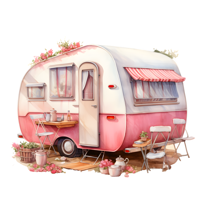 Motivtransfer 3170 Vintage Wohnwagen mit Blumen und Markise