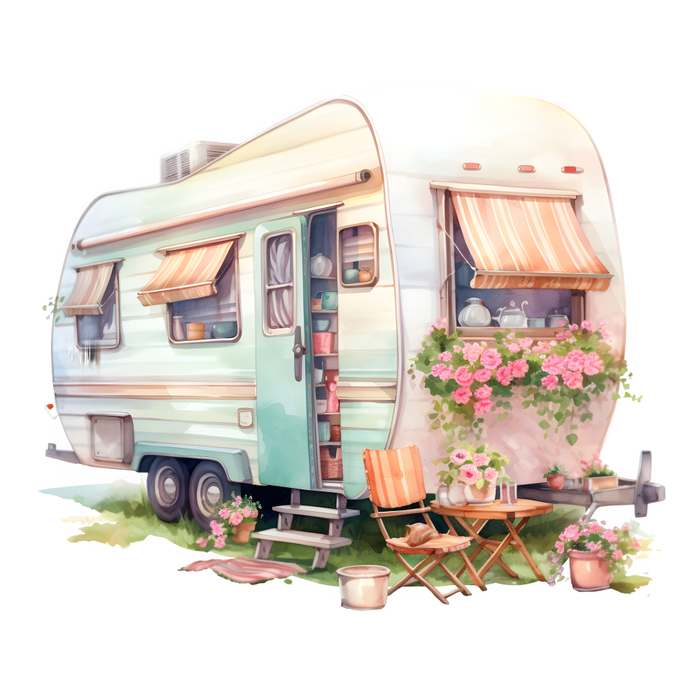 Motivtransfer 3180 Wohnwagen mit Sitzmöbeln und Blumen