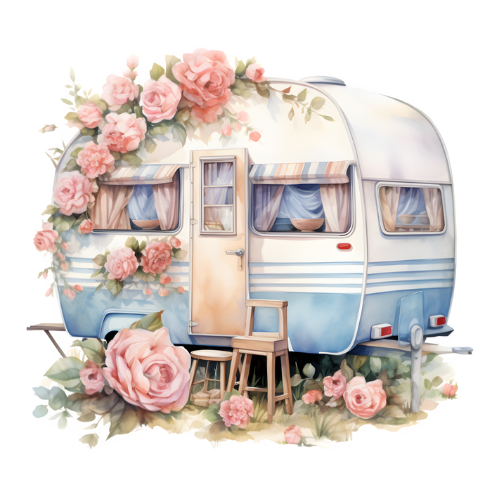 Motivtransfer 3181 Wohnwagen mit Rosen