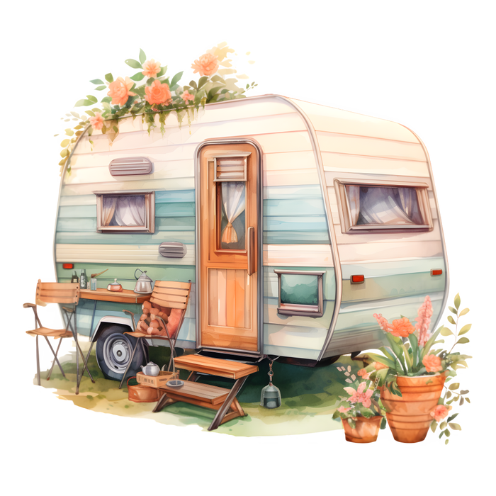 Motivtransfer 3182 Wohnwagen mit Blumen