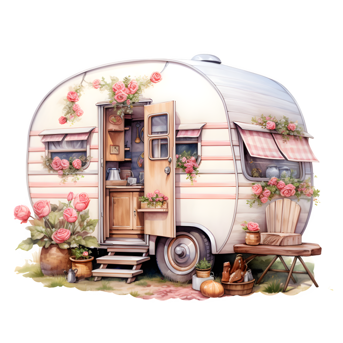 Motivtransfer 3183 Wohnwagen mit Blumen