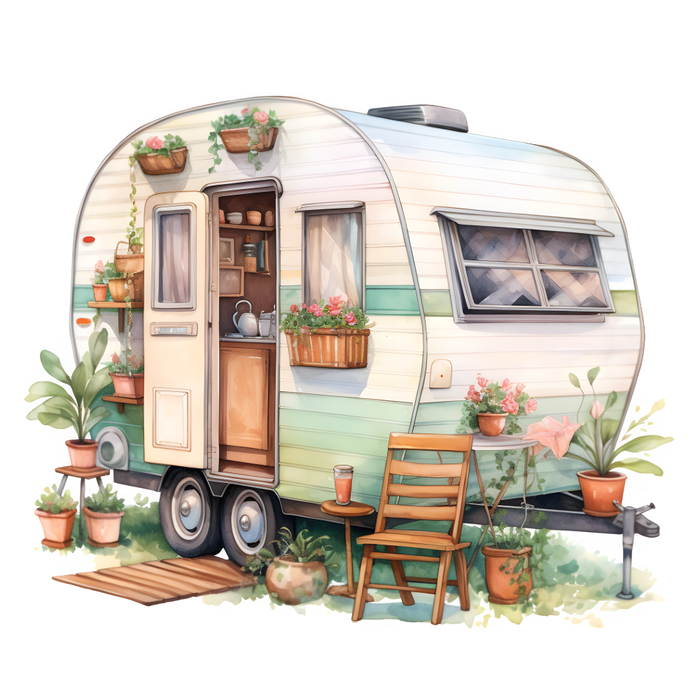 Motivtransfer 3184 Wohnwagen mit Blumen