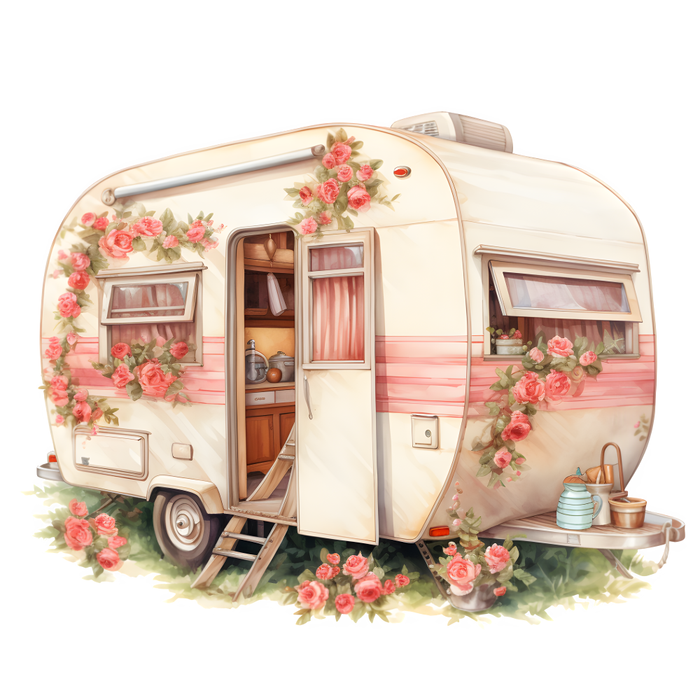 Motivtransfer 3185 Wohnwagen mit Blumen