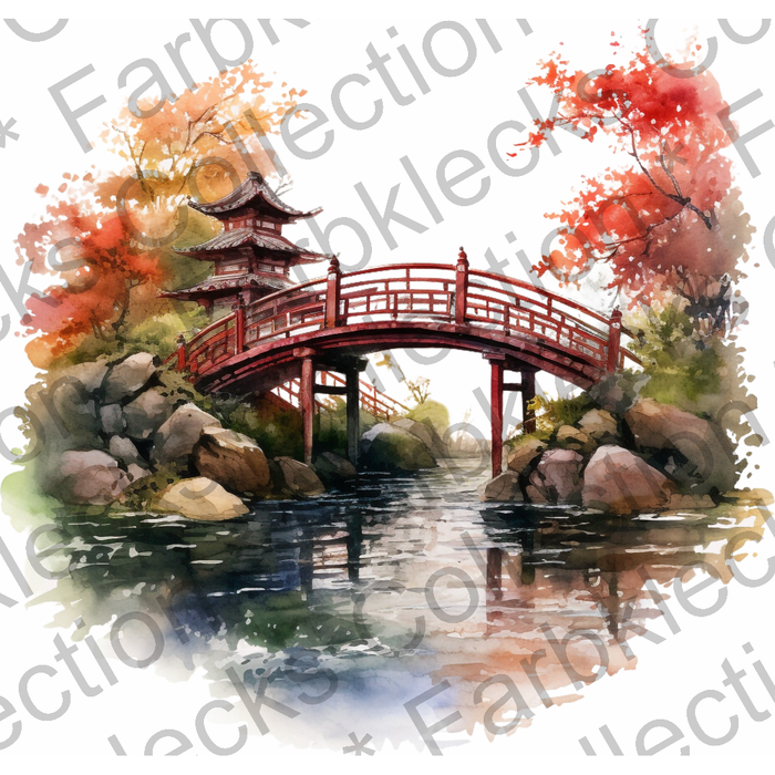 Motivtransfer 3252 Japanischer Szene mit Brücke und Wasser
