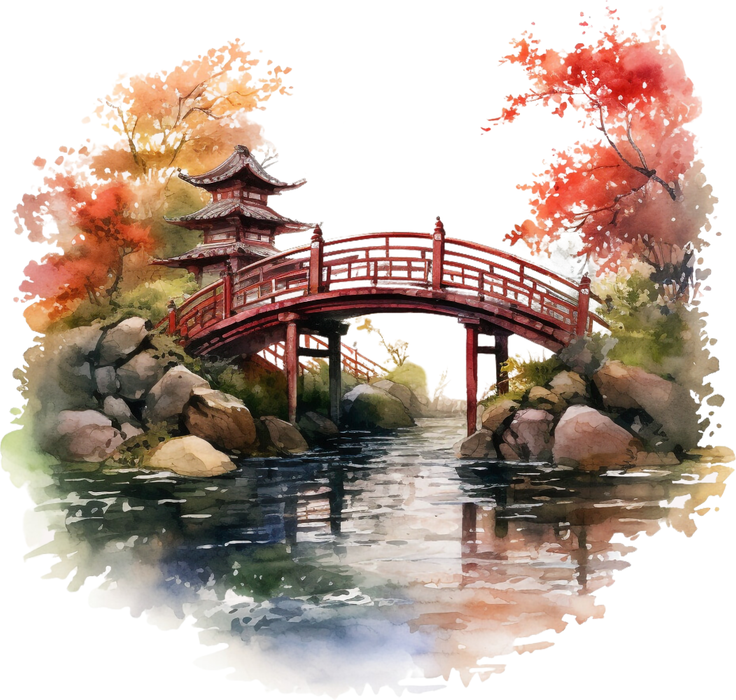 Motivtransfer 3252 Japanischer Szene mit Brücke und Wasser