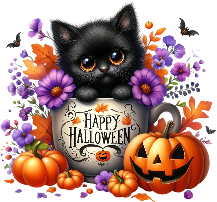 Motivtransfer 3514 Kätzchen Happy Halloween mit Blumen