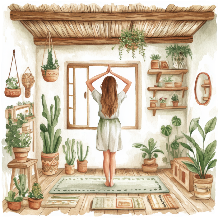 Motivtransfer 5156 Frau im Zimmer macht Yoga vorm Fenster