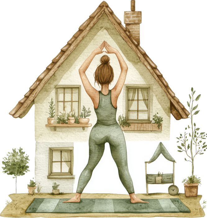 Motivtransfer 5161 Frau vor Haus macht Yoga