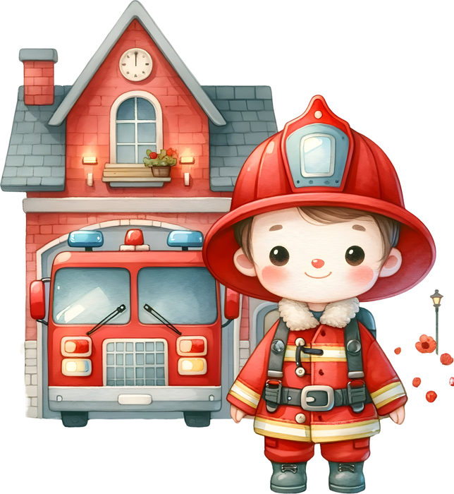 Motivtransfer 5266 Kleiner Feuerwehrmann vor Feuerwehrhaus