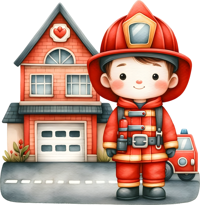 Motivtransfer 5267 Kleiner Feuerwehrmann vor Wache