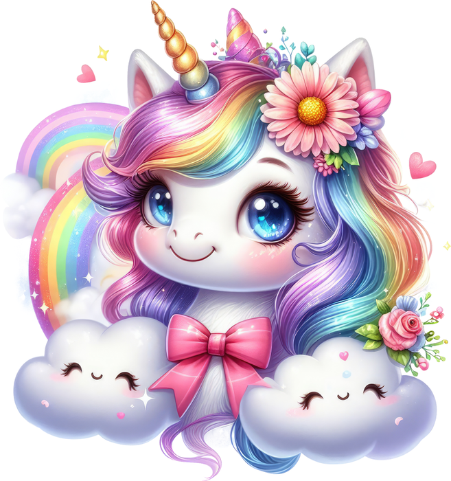 Motivtransfer 5307 Einhorngesicht mit Regenbogen und Blüten
