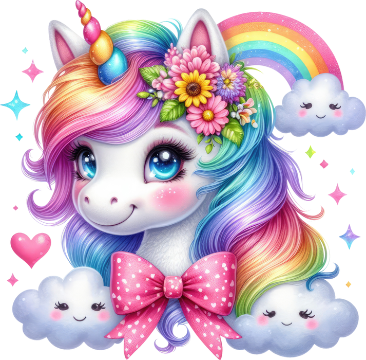 Motivtransfer 5308 Einhorngesicht mit Regenbogen und Blüte