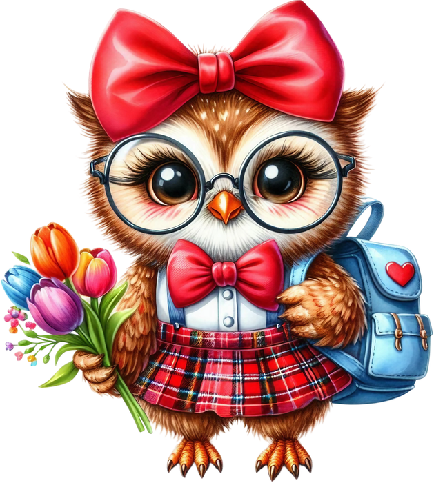 Motivtransfer 5925 Eule mit Rucksack und Blumen