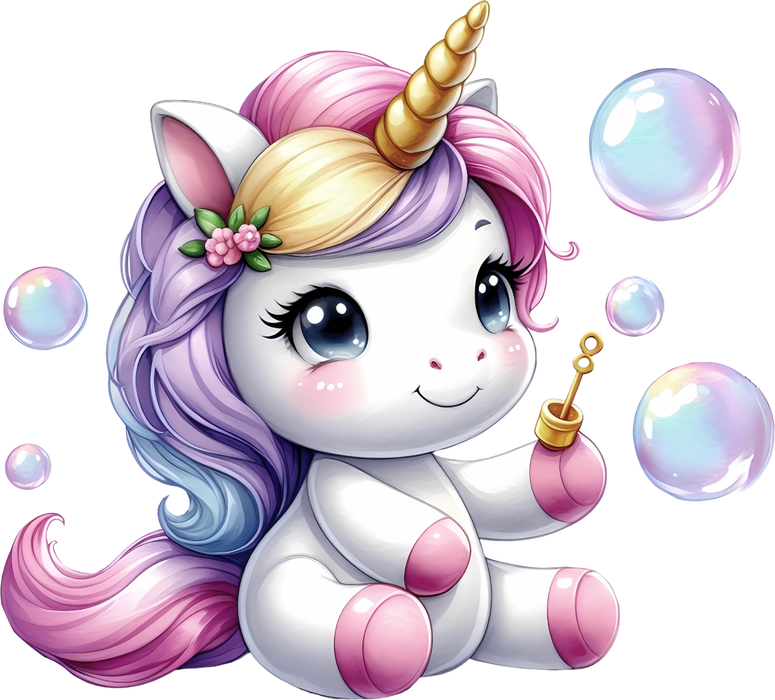 Motivtransfer 6011 Einhorn spielt mit Seifenblasen