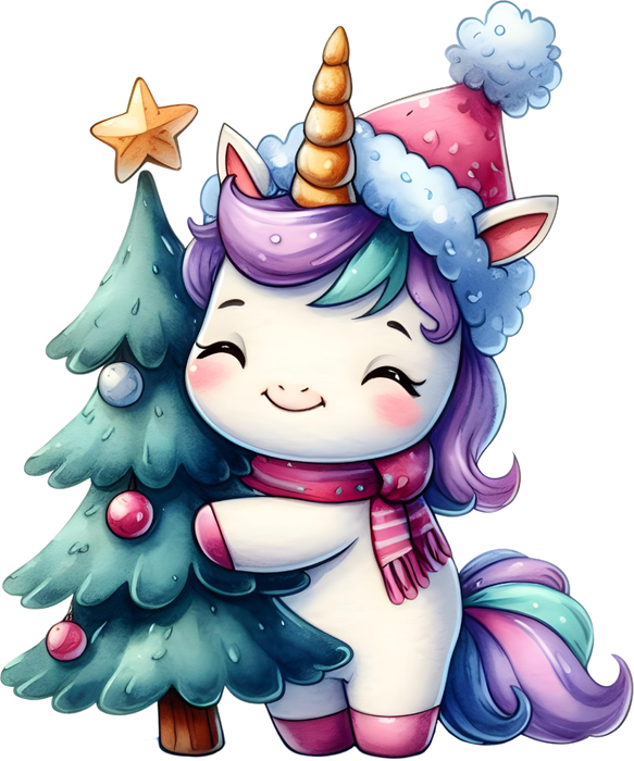 Motivtransfer 6024 Einhorn umarmt Weihnachtsbaum