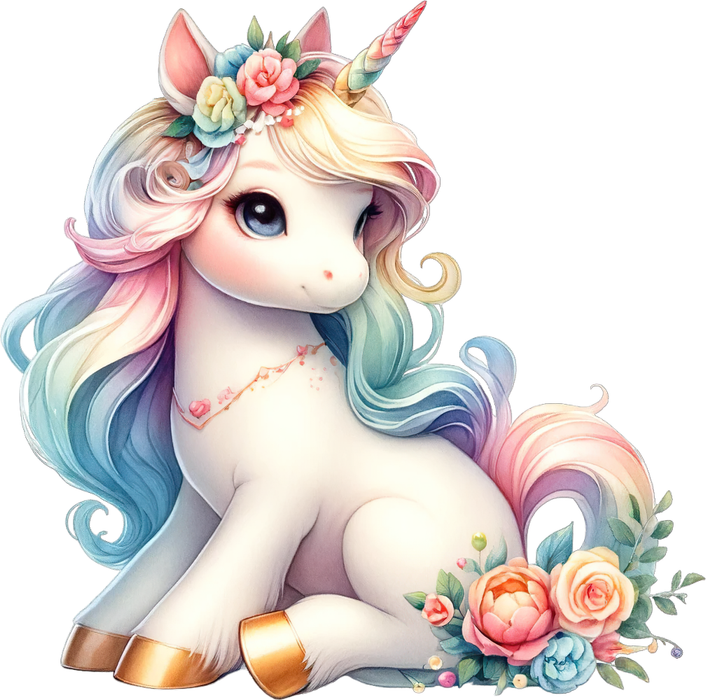 Motivtransfer 6031 Einhorn groß sitzt mit Blumen