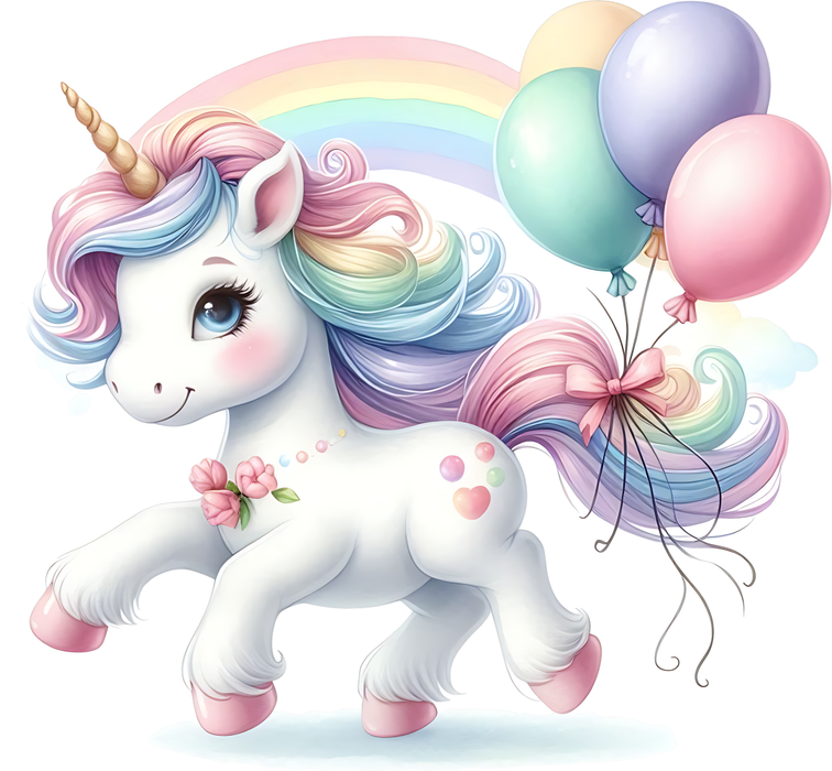 Motivtransfer 6295 Einhorn mit Ballons vor Regenbogen