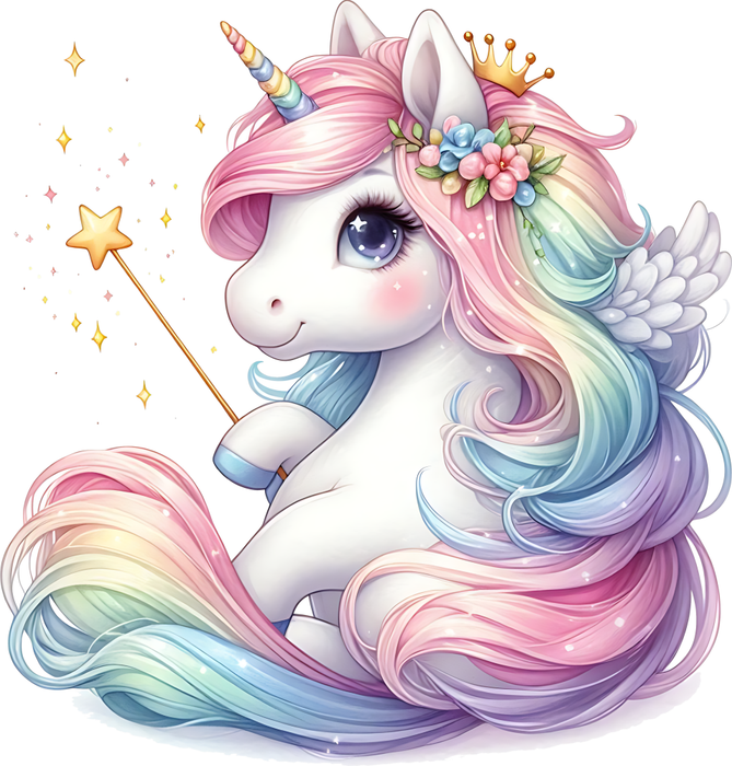 Motivtransfer 6301 Einhorn mit Zauberstab und Blumen im Haar