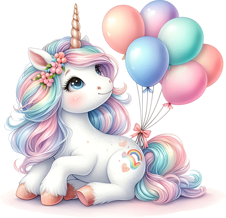Motivtransfer 6310 Einhorn schaut sich Luftballons an