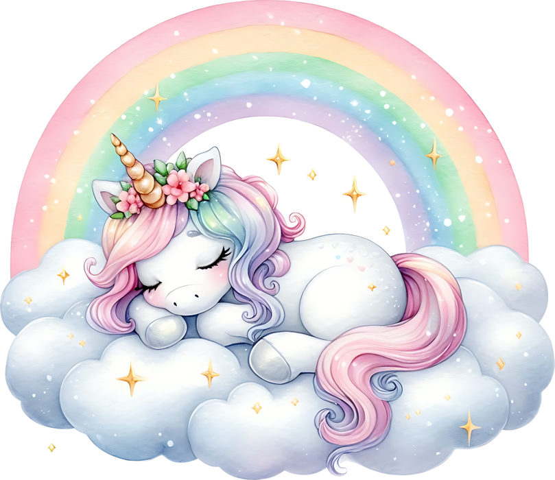 Motivtransfer 6311 Einhorn schläft auf Wolke vor Regenbogen