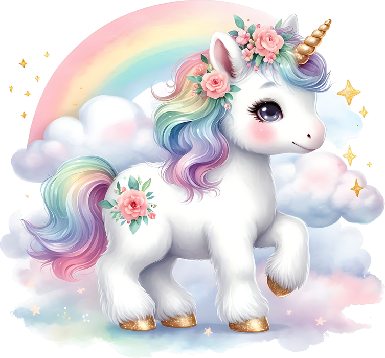 Motivtransfer 6319 Einhorn mit Regenobgen und Wolken