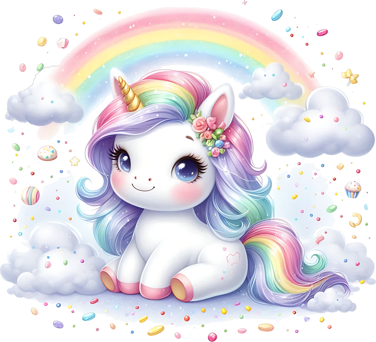 Motivtransfer 6322 Einhorn sitzt bei Wolken und Regenbogen