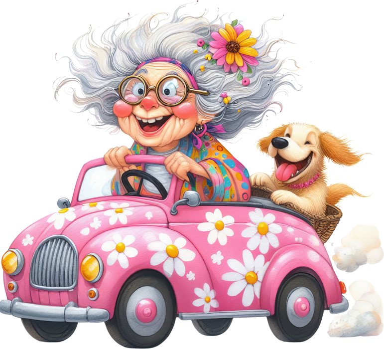 Motivtransfer 6349 Lustige Seniorin mit Hund im Auto